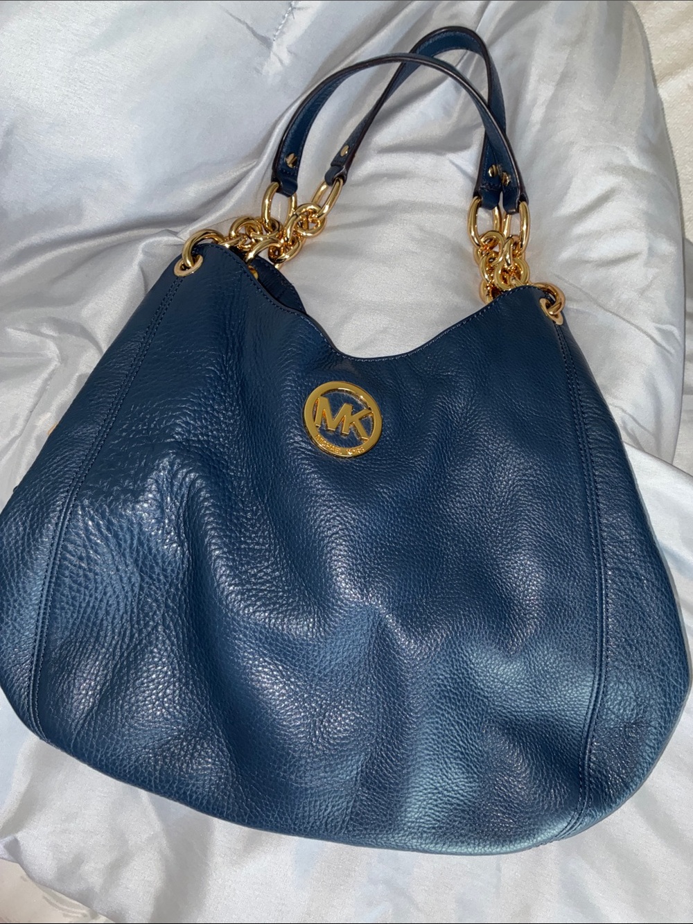 Michael Kors Navy Pebbled Leather Shoulder Bag with Gold Hardware